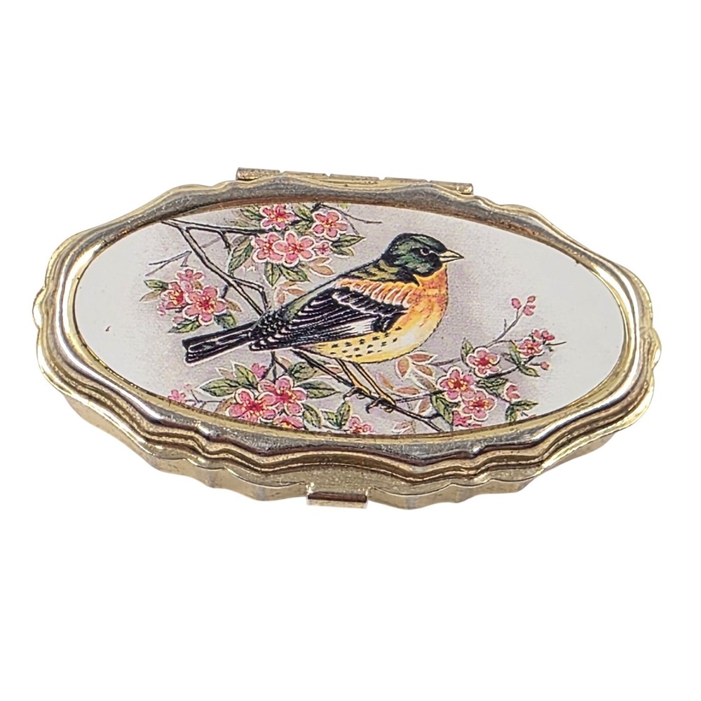 Vintage Songbird‎ Pill Box Gold Tone Oval Metal Case Bird Cherry Blossoms